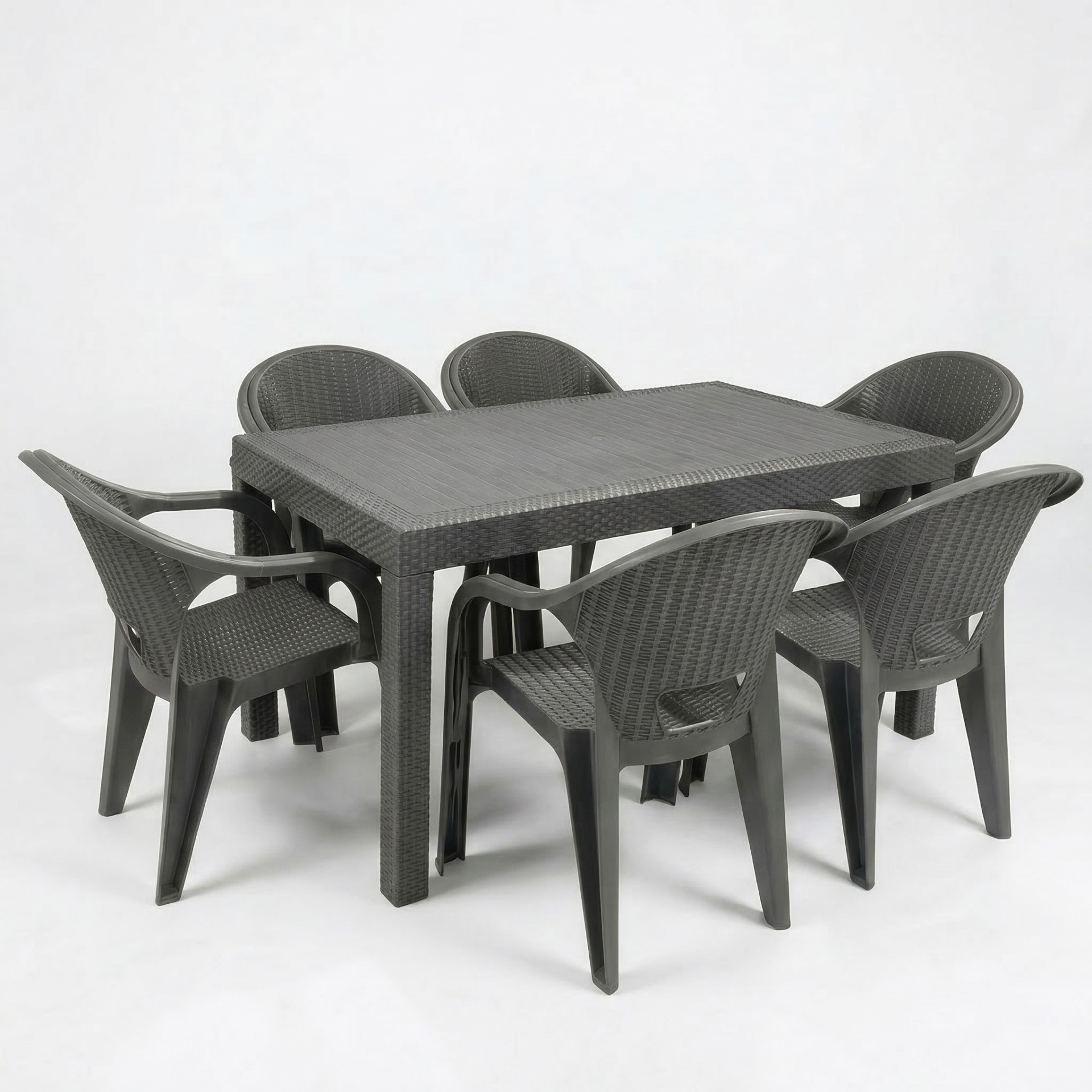 Flash 90x150 cm Rattan 6 Kişilik Masa Takımı Camsız Flash Sandalye Bahçe Teras Takımı Oturma Grubu - Gri