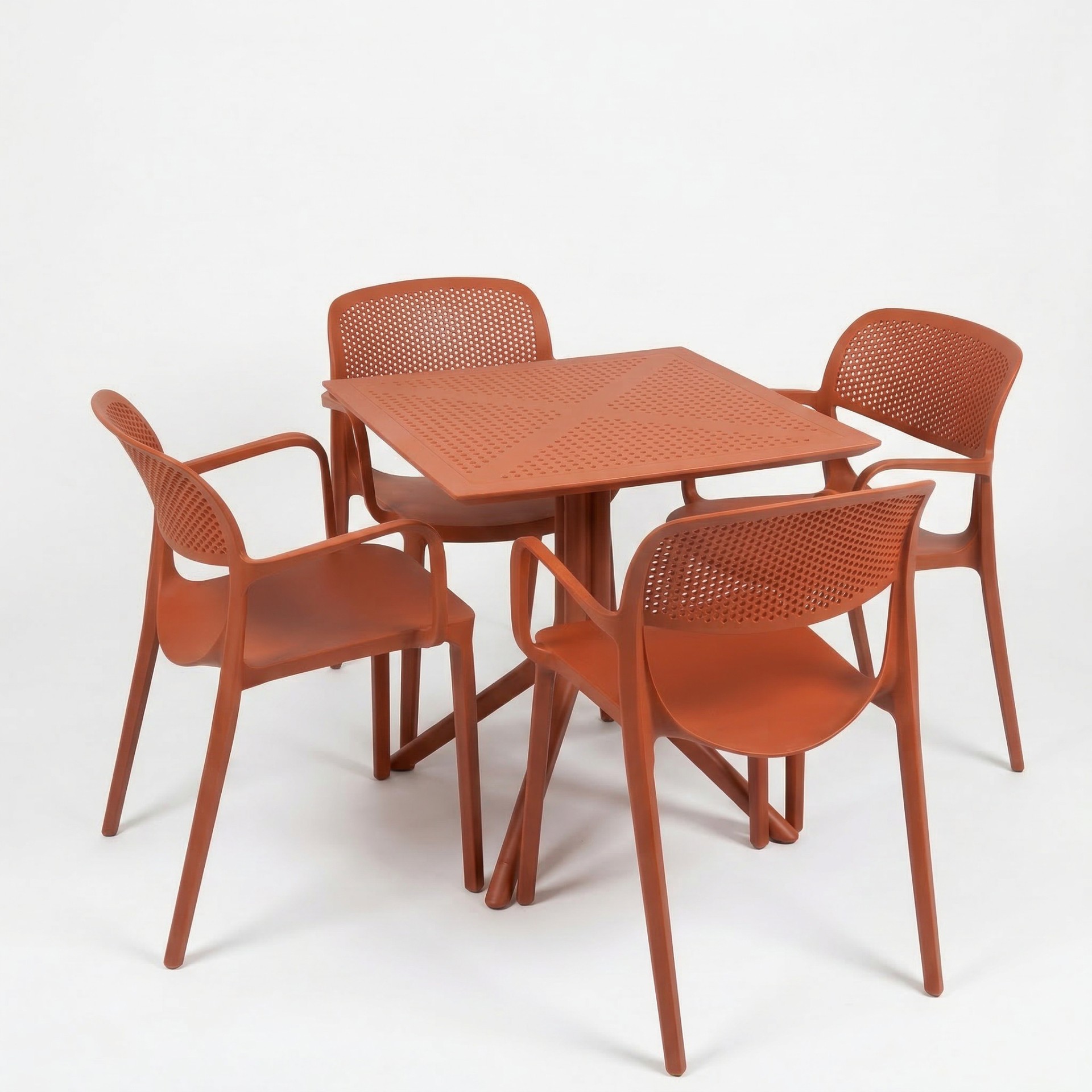 Barby 4 Kişilik Cafe Kollu Bistro Set 70x70 Sorty Bee Sabit Masa - Kırmızı